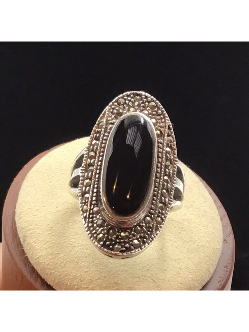 Sterling Silver Black Onyx Marcasite Ring 9g Sz 6.5 Missing One Marcasite Stone